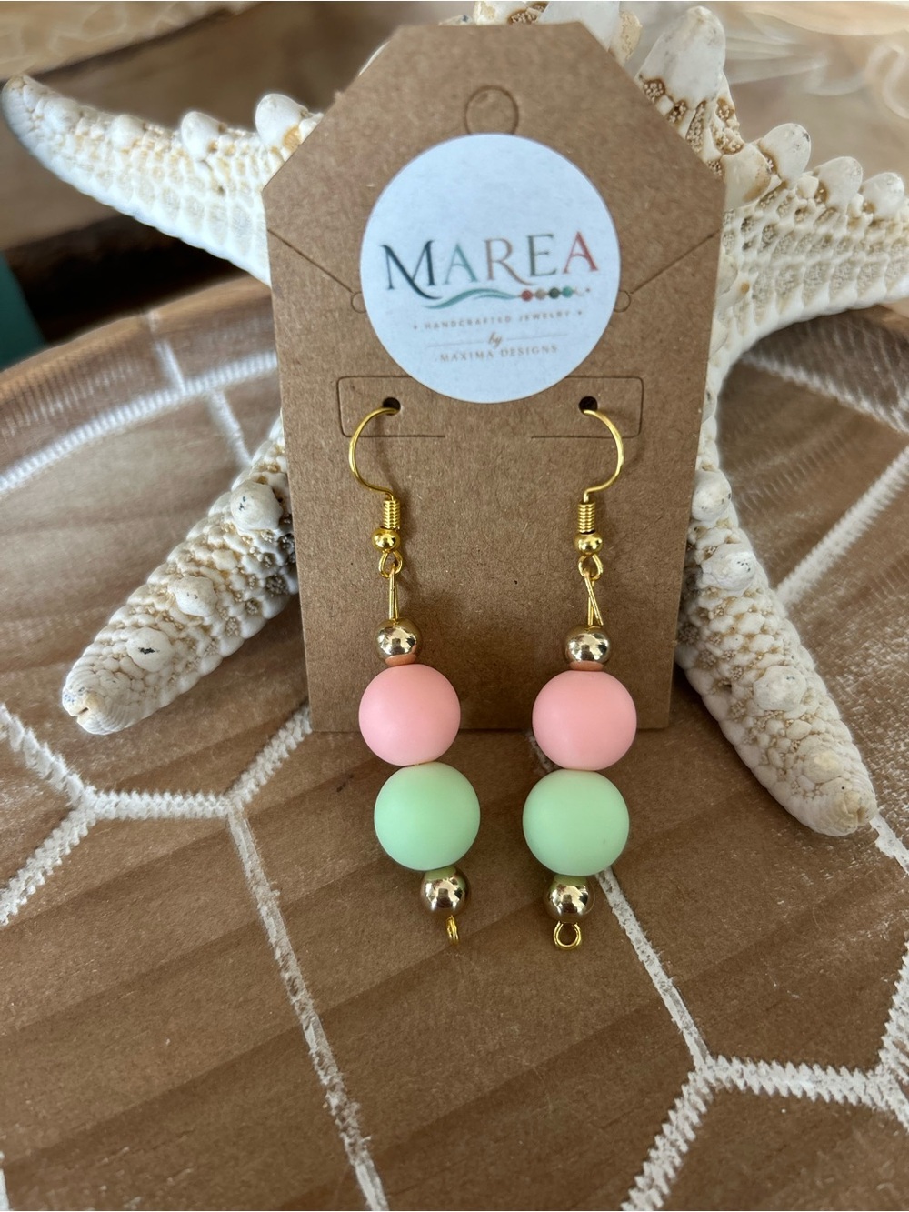 NEW MAREA woman’s Pink & Mint Gold Dangle Earrings coastal, beach , resort vacay